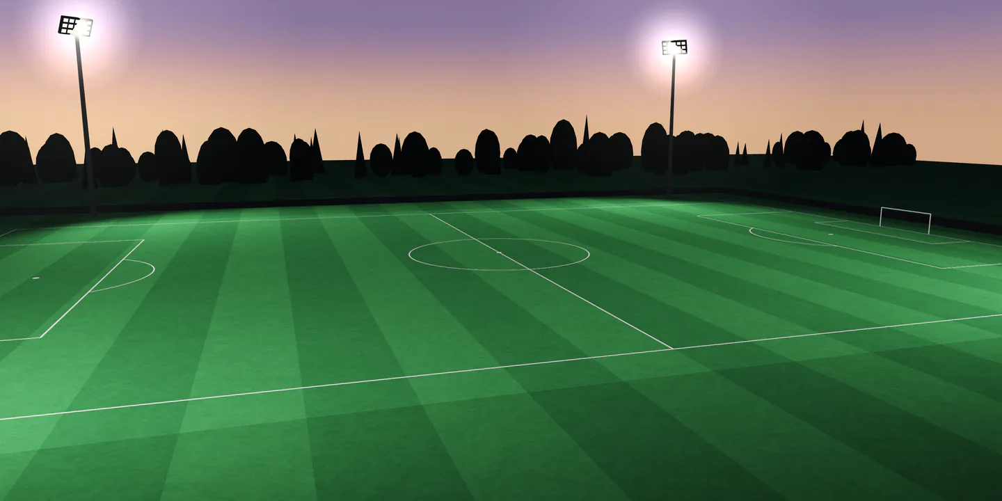 A rendered, empty football pitch at dusk under four floodlights, with mown stripes and white lines.